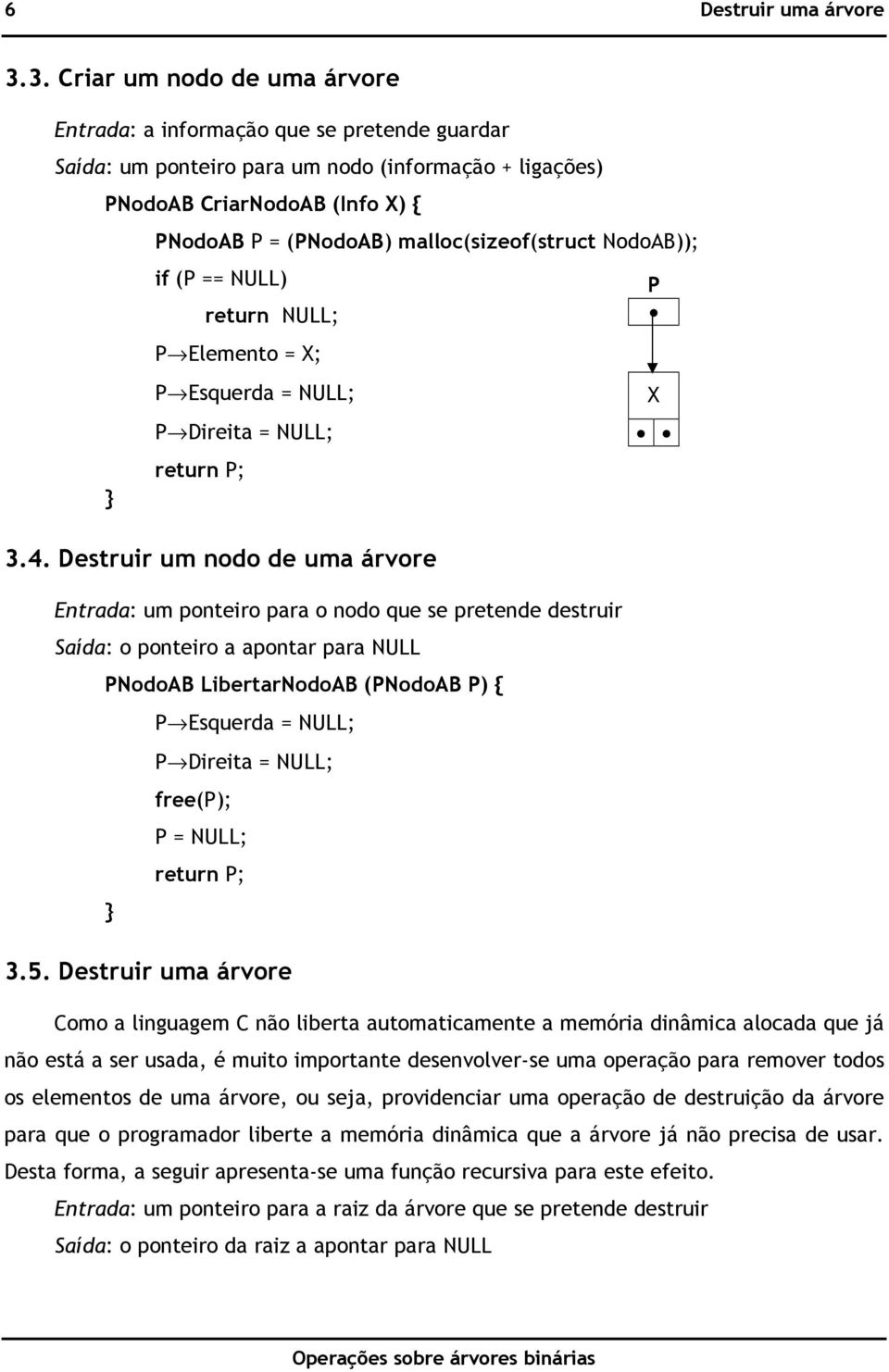 malloc(sizeof(struct NodoAB)); if (P == NULL) return NULL; P Elemento = X; P Esquerda = NULL; P Direita = NULL; return P; 3.4.