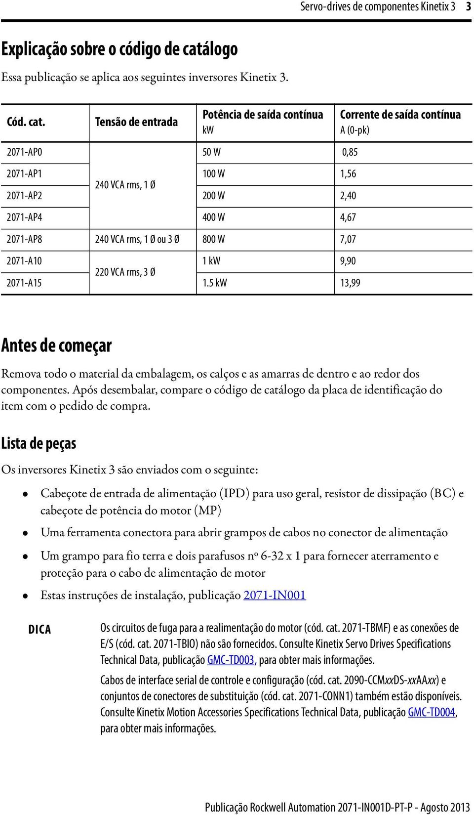 Tensão de entrada Potência de saída contínua kw 2071-AP0 50 W 0,85 2071-AP1 100 W 1,56 240 VCA rms, 1 Ø 2071-AP2 200 W 2,40 2071-AP4 400 W 4,67 2071-AP8 240 VCA rms, 1 Ø ou 3 Ø 800 W 7,07 2071-A10 1