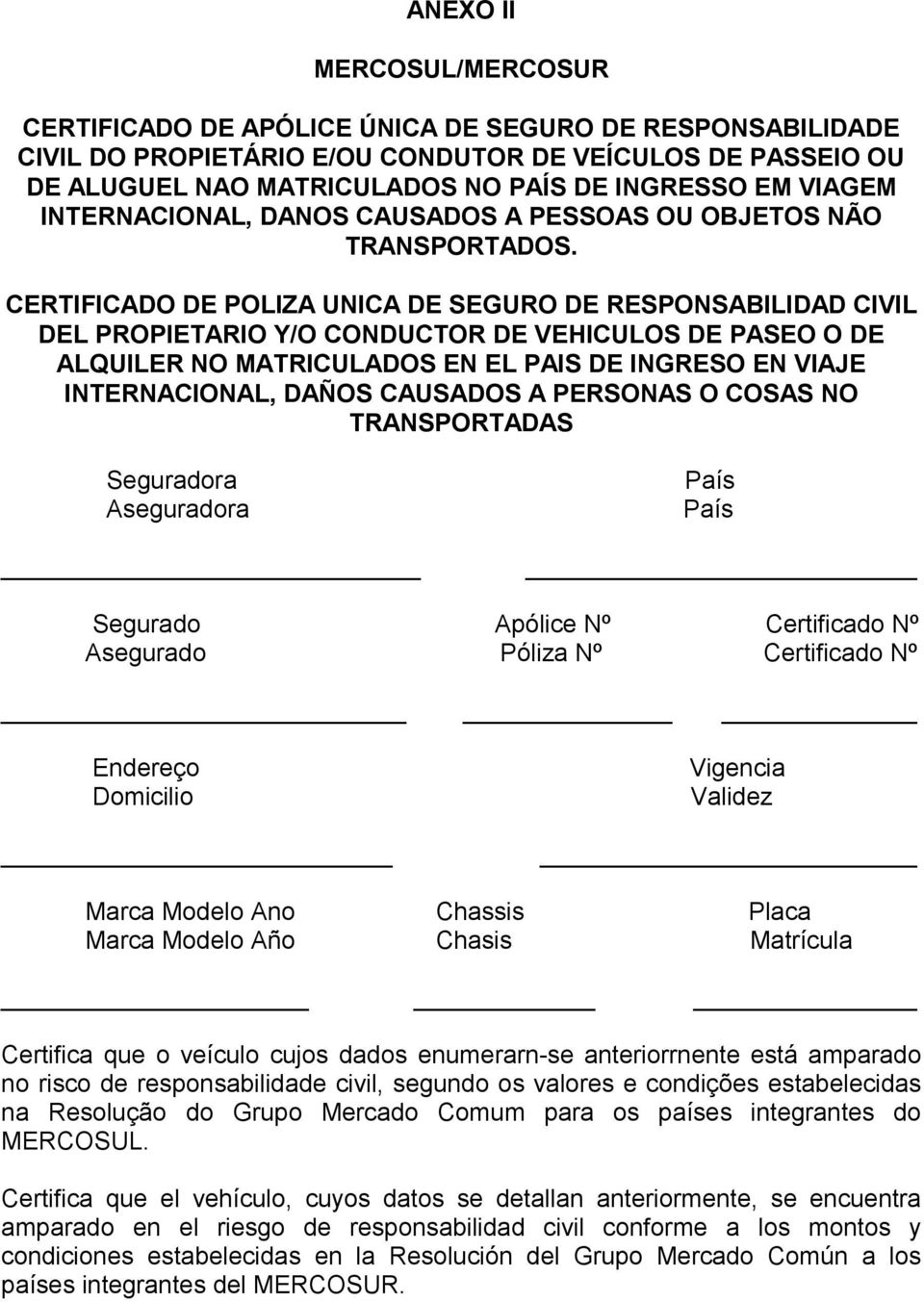 CERTIFICADO DE POLIZA UNICA DE SEGURO DE RESPONSABILIDAD CIVIL DEL PROPIETARIO Y/O CONDUCTOR DE VEHICULOS DE PASEO O DE ALQUILER NO MATRICULADOS EN EL PAIS DE INGRESO EN VIAJE INTERNACIONAL, DAÑOS