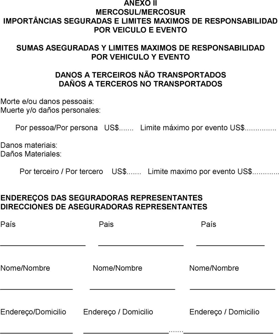 US$... Limite máximo por evento US$... Danos materiais: Daños Materiales: Por terceiro / Por tercero US$... Limite maximo por evento US$.