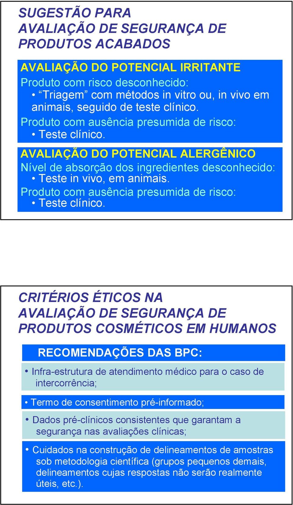 Produto com ausência presumida de risco: Teste clínico.