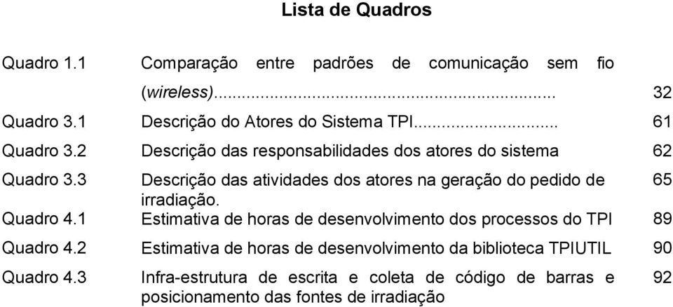 3 Descrição das atividades dos atores na geração do pedido de 65 irradiação. Quadro 4.