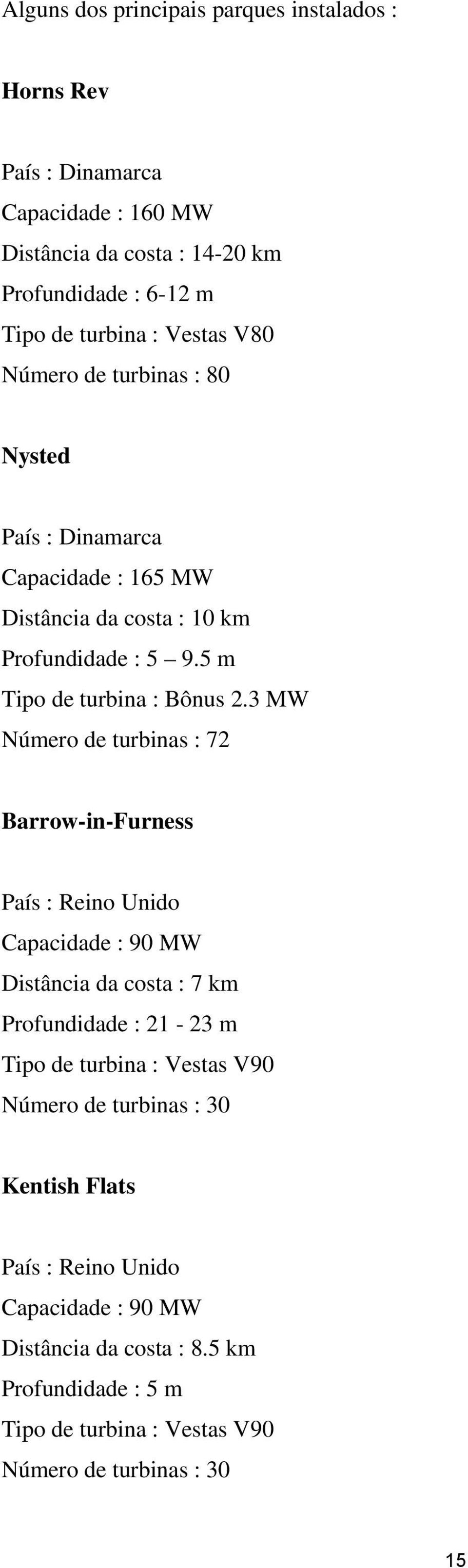 3 MW Número de turbinas : 72 Barrow-in-Furness País : Reino Unido Capacidade : 90 MW Distância da costa : 7 km Profundidade : 21-23 m Tipo de turbina : Vestas V90