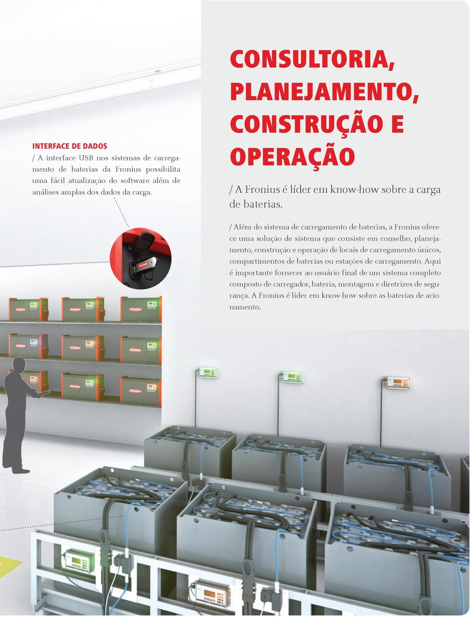 Além do sistema de carregamento de baterias, a Fronius oferece uma solução de sistema que consiste em conselho, planejamento, construção e operação de locais de carregamento