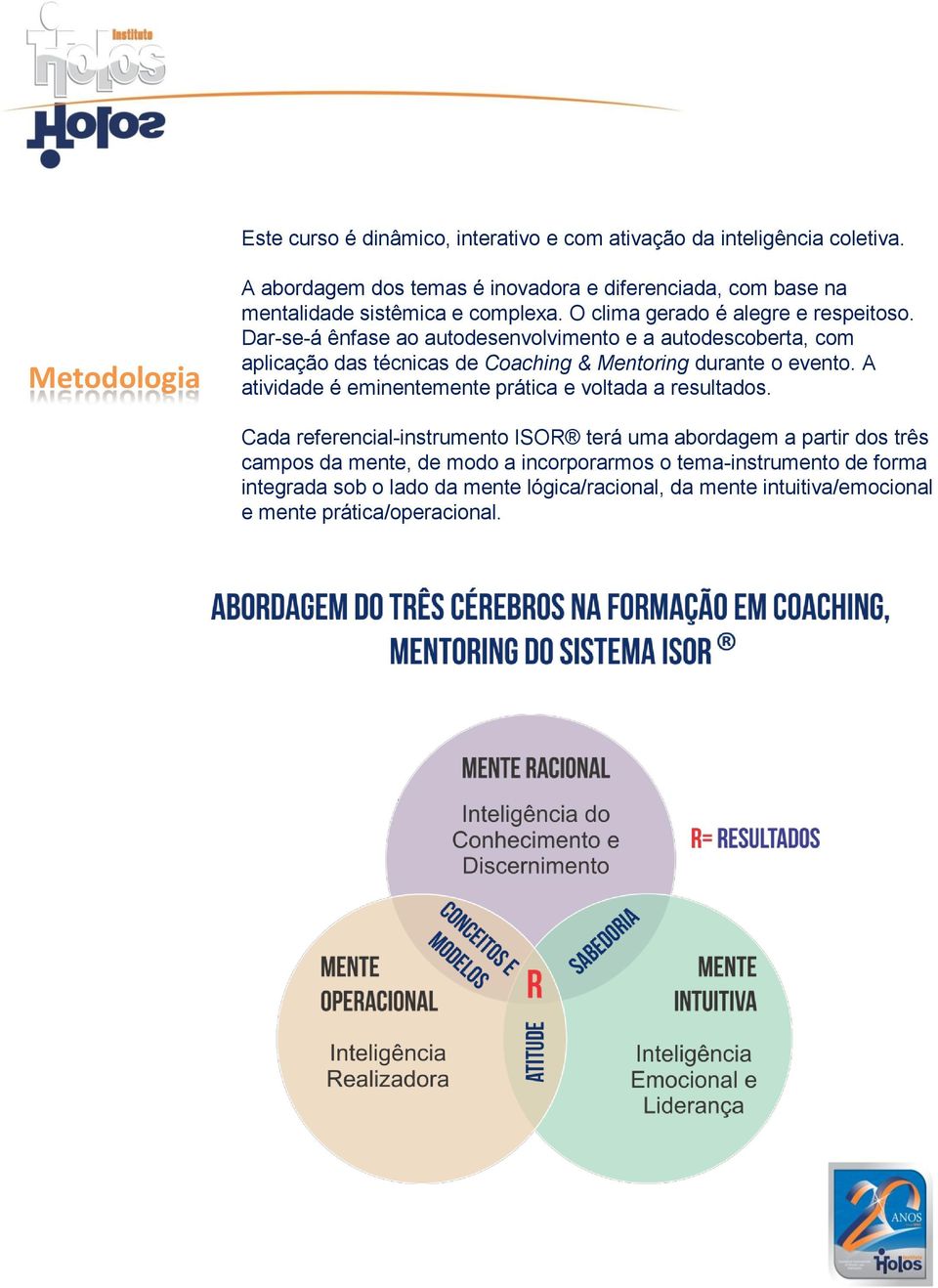 Dar-se-á ênfase ao autodesenvolvimento e a autodescoberta, com aplicação das técnicas de Coaching & Mentoring durante o evento.