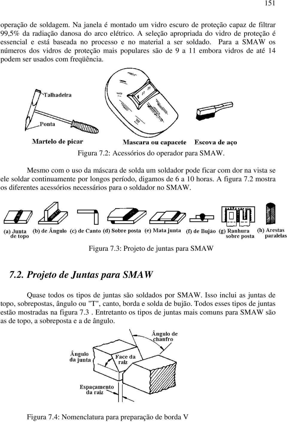 Para a SMAW os números dos vidros de proteção mais populares são de 9 a 11 embora vidros de até 14 podem ser usados com freqüência. Figura 7.2: Acessórios do operador para SMAW.