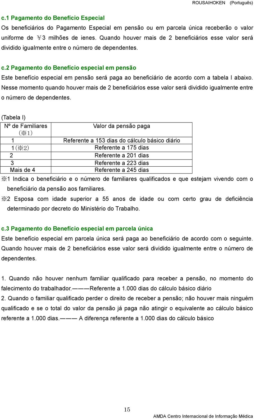 2 Pagamento do Benefício especial em pensão Este benefício especial em pensão será paga ao beneficiário de acordo com a tabela I abaixo.