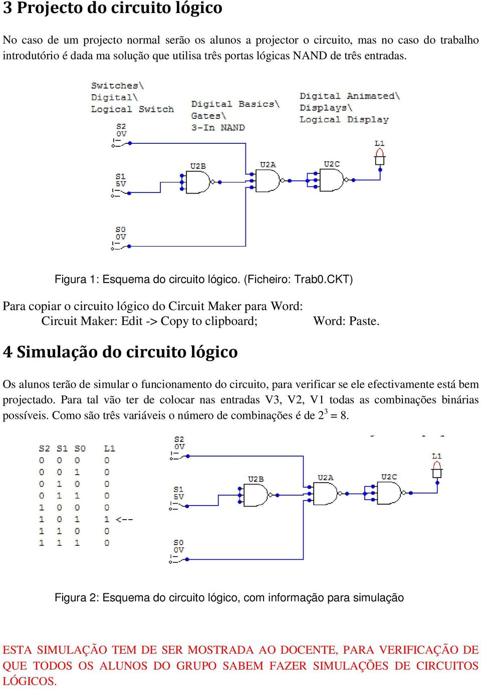 4 Simulação do circuito lógico Os alunos terão de simular o funcionamento do circuito, para verificar se ele efectivamente está bem projectado.