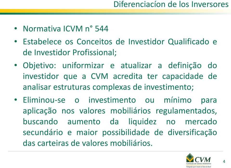 estruturas complexas de investimento; Eliminou-se o investimento ou mínimo para aplicação nos valores mobiliários