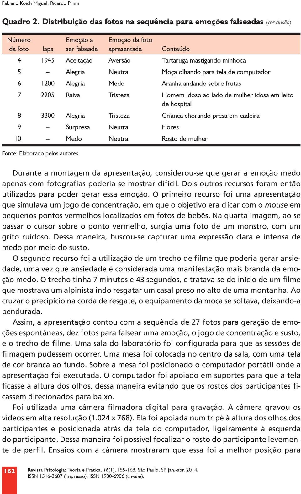 minhoca 5 Alegria Neutra Moça olhando para tela de computador 6 1200 Alegria Medo Aranha andando sobre frutas 7 2205 Raiva Tristeza Homem idoso ao lado de mulher idosa em leito de hospital 8 3300