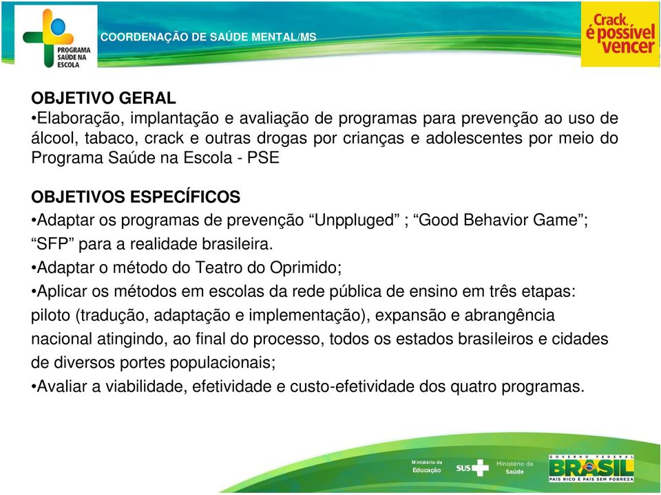 Adaptar o método do Teatro do Oprimido; Aplicar os métodos em escolas da rede pública de ensino em três etapas: piloto (tradução, adaptação e implementação), expansão e