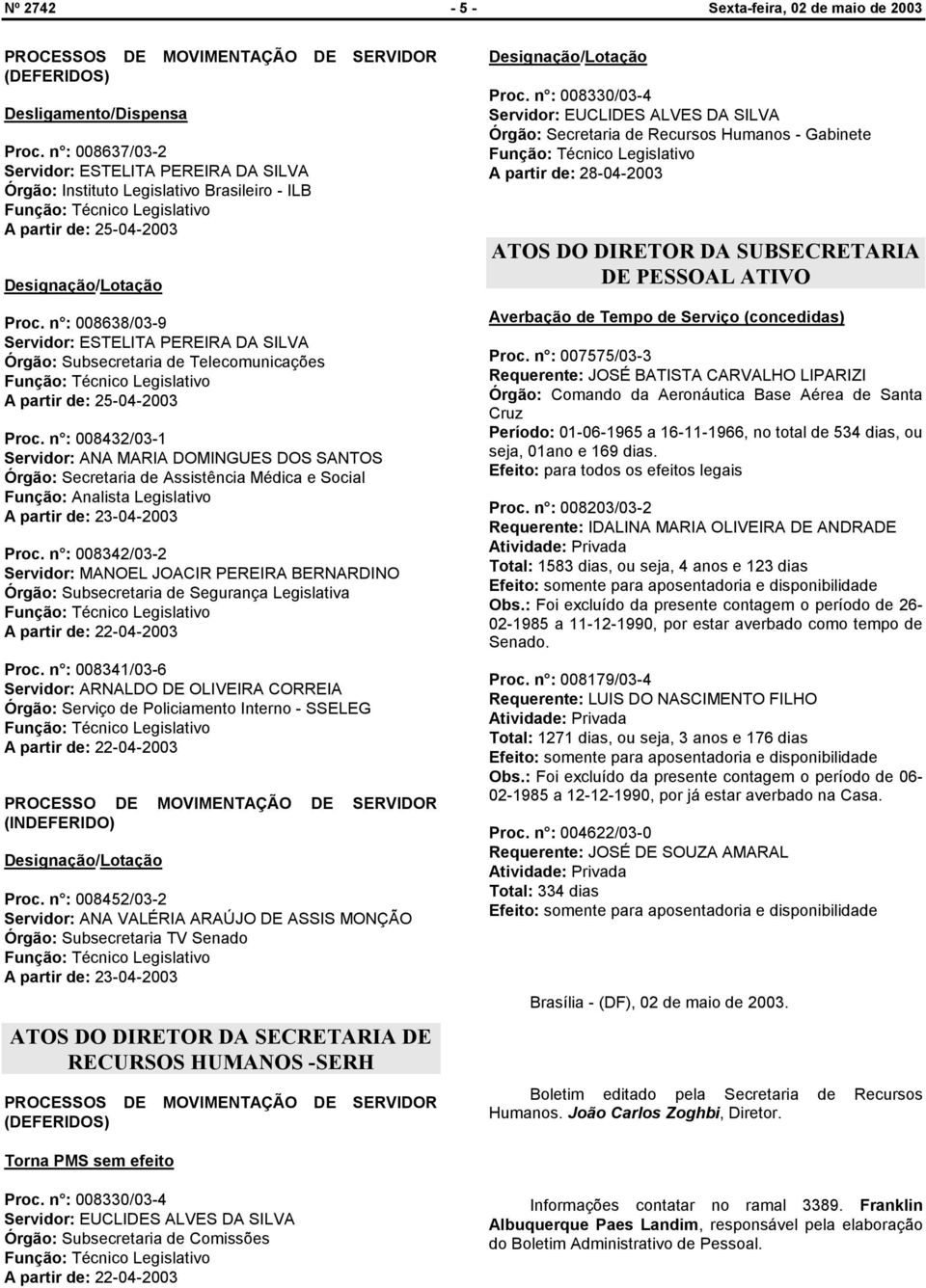 n : 008638/03-9 Servidor: ESTELITA PEREIRA DA SILVA Órgão: Subsecretaria de Telecomunicações A partir de: 25-04-2003 Proc.