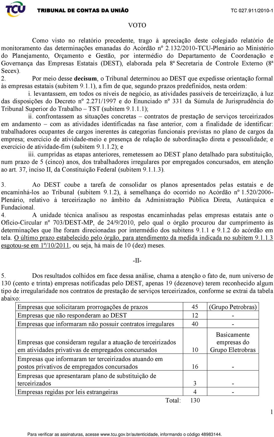 Controle Externo (8ª Secex). 2. Por meio desse decisum, o Tribunal determinou ao DEST que expedisse orientação formal às empresas estatais (subitem 9.1.