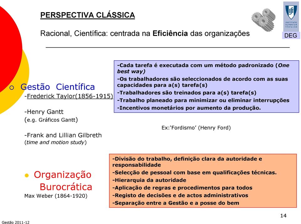 Gráficos Gantt) -Frank and Lillian Gilbreth (time and motion study) -Cada tarefa é executada com um método padronizado (One best way) -Os trabalhadores são seleccionados de acordo com as suas