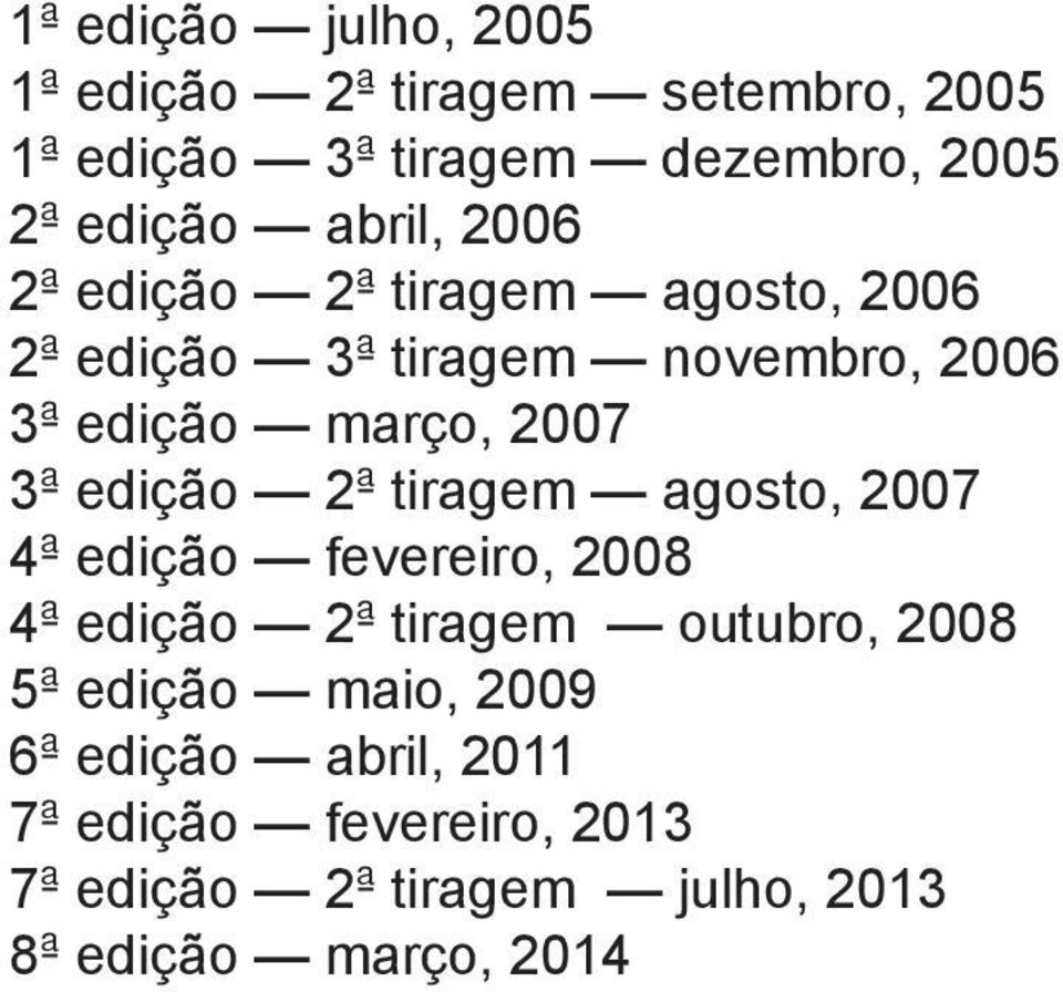 edição 2ª tiragem agosto, 2007 4ª edição fevereiro, 2008 4ª edição 2ª tiragem outubro, 2008 5ª edição