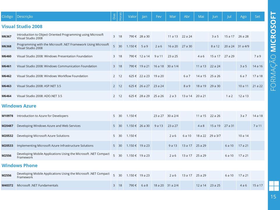 150 5 a 9 2 a 6 16 a 20 27 a 30 8 a 12 20 a 24 31 a 4/9 M6460 Visual Studio 2008: Windows Presentation Foundation 3 18 790 12 a 14 9 a 11 23 a 25 4 a 6 15 a 17 27 a 29 7 a 9 M6461 Visual Studio 2008: