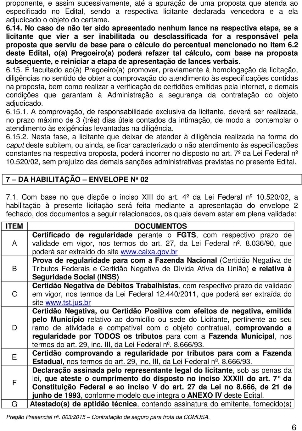 percentual mencionado no item 6.2 deste Edital, o(a) Pregoeiro(a) poderá refazer tal cálculo, com base na proposta subsequente, e reiniciar a etapa de apresentação de lances verbais. 6.15.