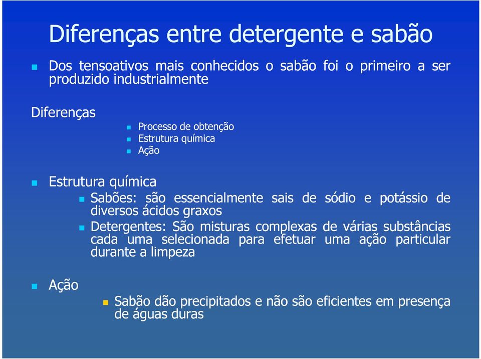 sais de sódio e potássio de diversos ácidos graxos Detergentes: São misturas complexas de várias substâncias cada uma