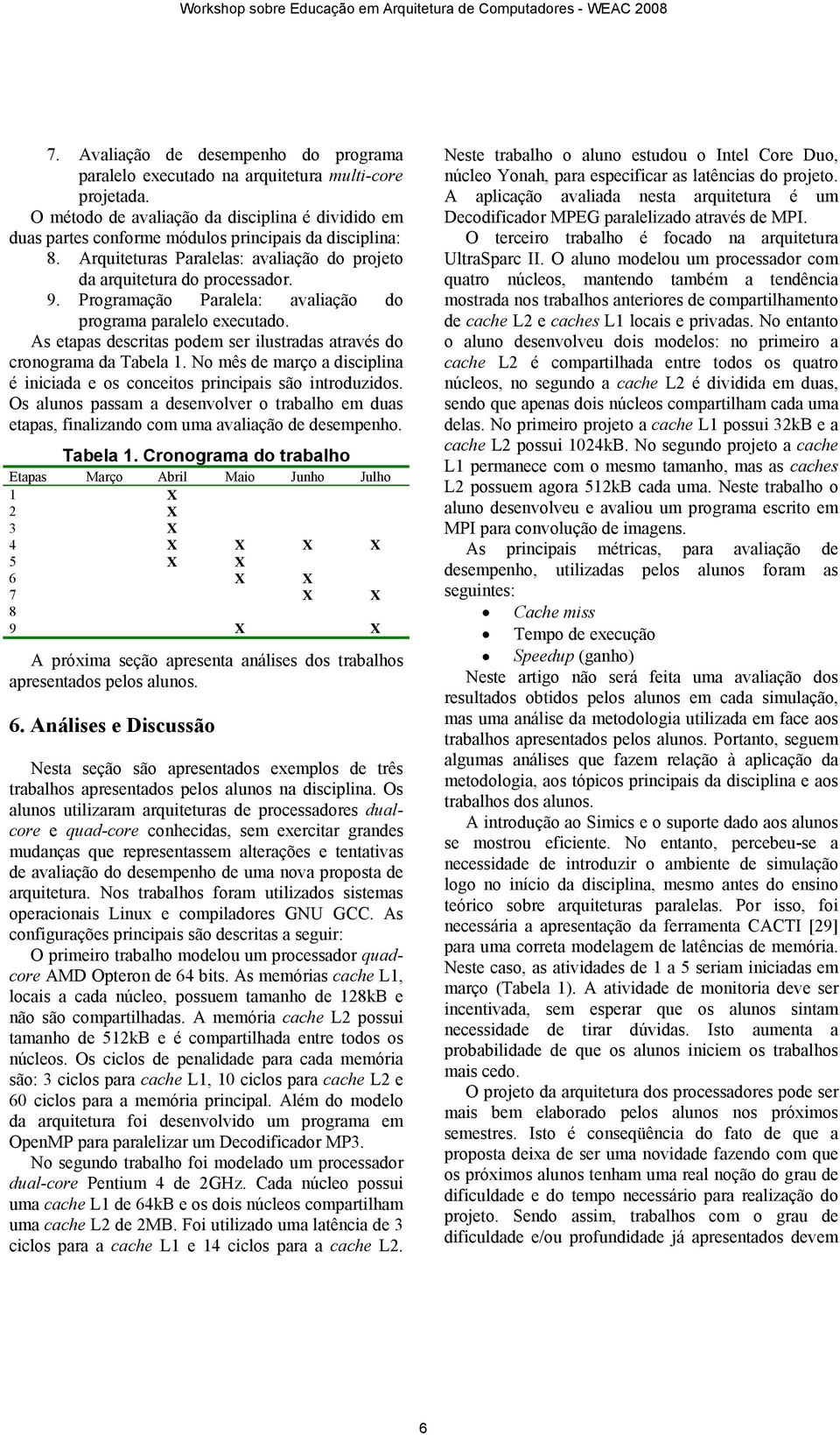 Programação Paralela: avaliação do programa paralelo executado. As etapas descritas podem ser ilustradas através do cronograma da Tabela 1.