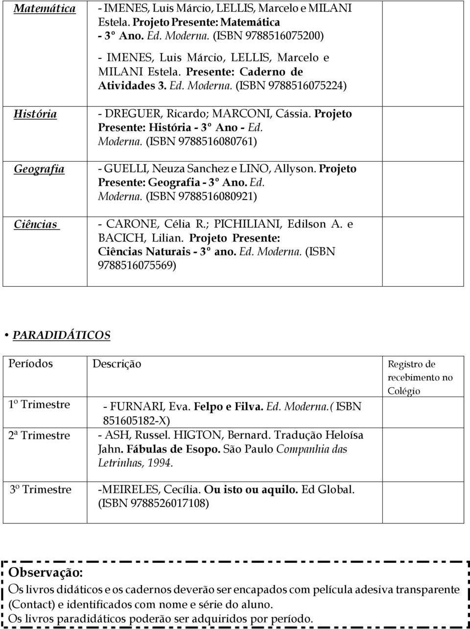 Projeto Presente: História - 3º Ano - Ed. Moderna. (ISBN 9788516080761) - GUELLI, Neuza Sanchez e LINO, Allyson. Projeto Presente: Geografia - 3º Ano. Ed. Moderna. (ISBN 9788516080921) - CARONE, Célia R.