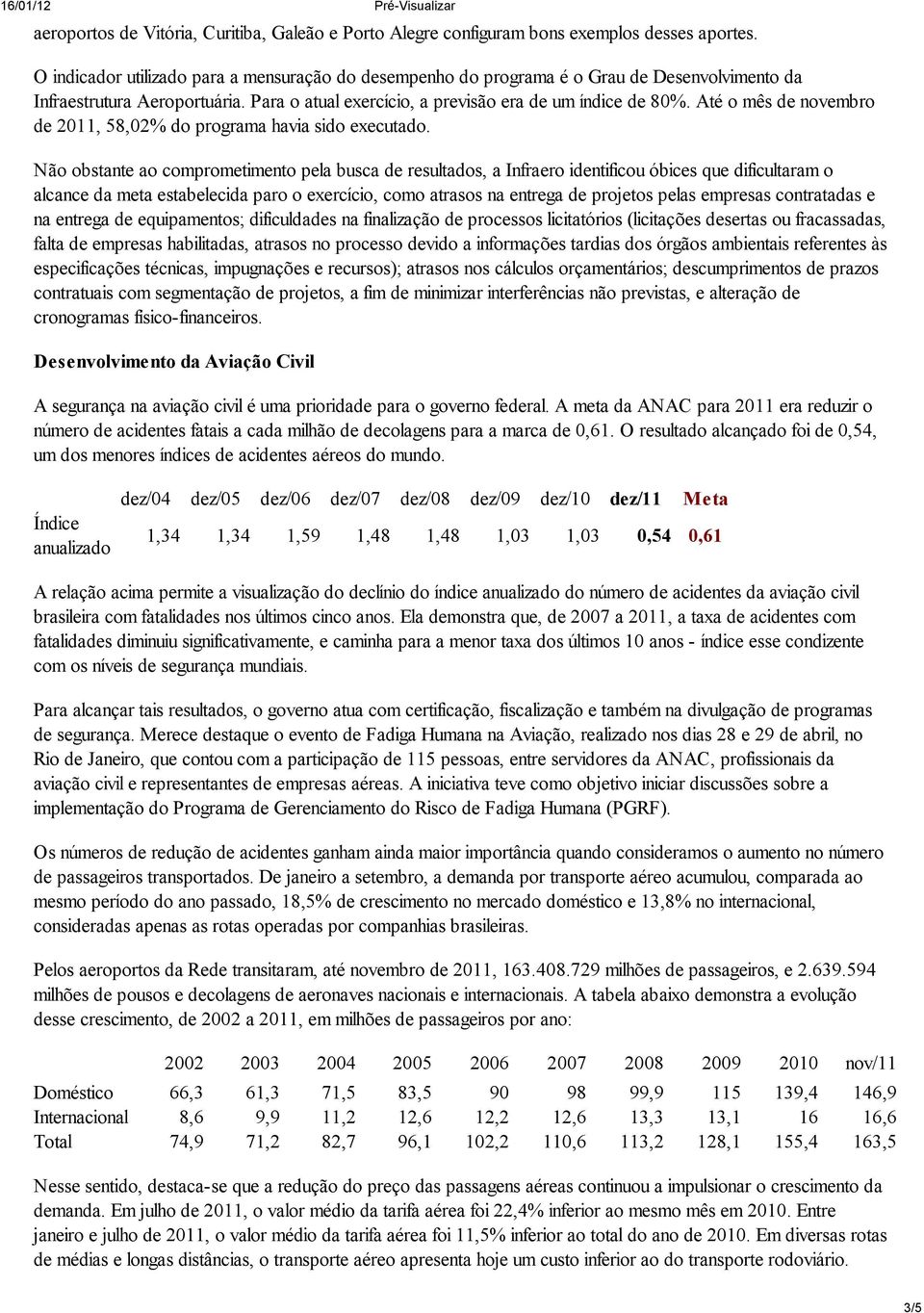 Até o mês de novembro de 2011, 58,02% do programa havia sido executado.