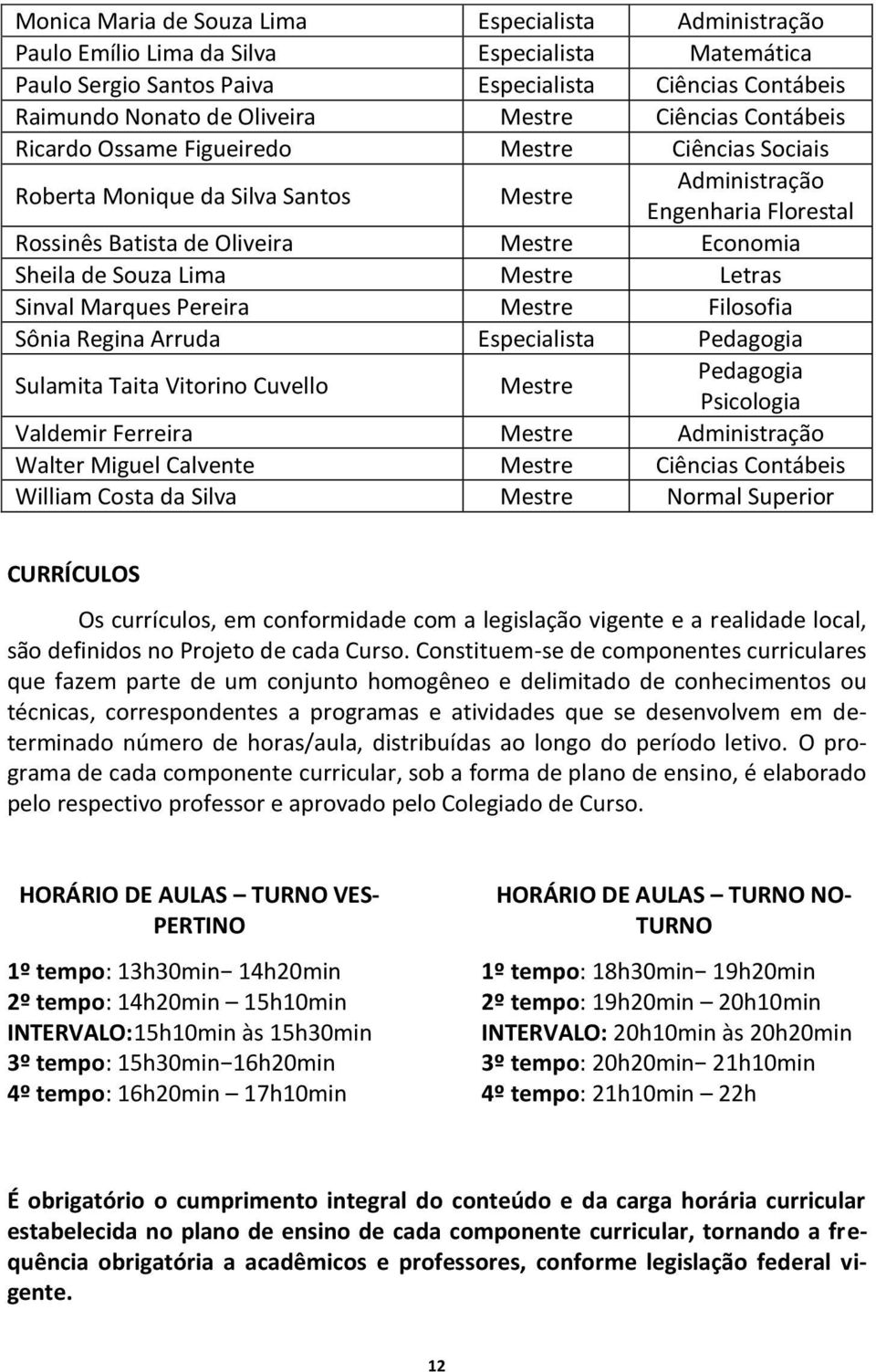 Souza Lima Mestre Letras Sinval Marques Pereira Mestre Filosofia Sônia Regina Arruda Especialista Pedagogia Sulamita Taita Vitorino Cuvello Mestre Pedagogia Psicologia Valdemir Ferreira Mestre