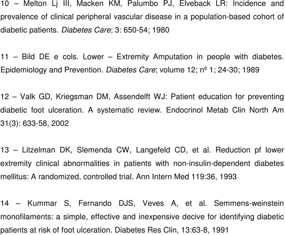 Diabetes Care; volume 12; nº 1; 24-30; 1989 12 Valk GD, Kriegsman DM, Assendelft WJ: Patient education for preventing diabetic foot ulceration. A systematic review.