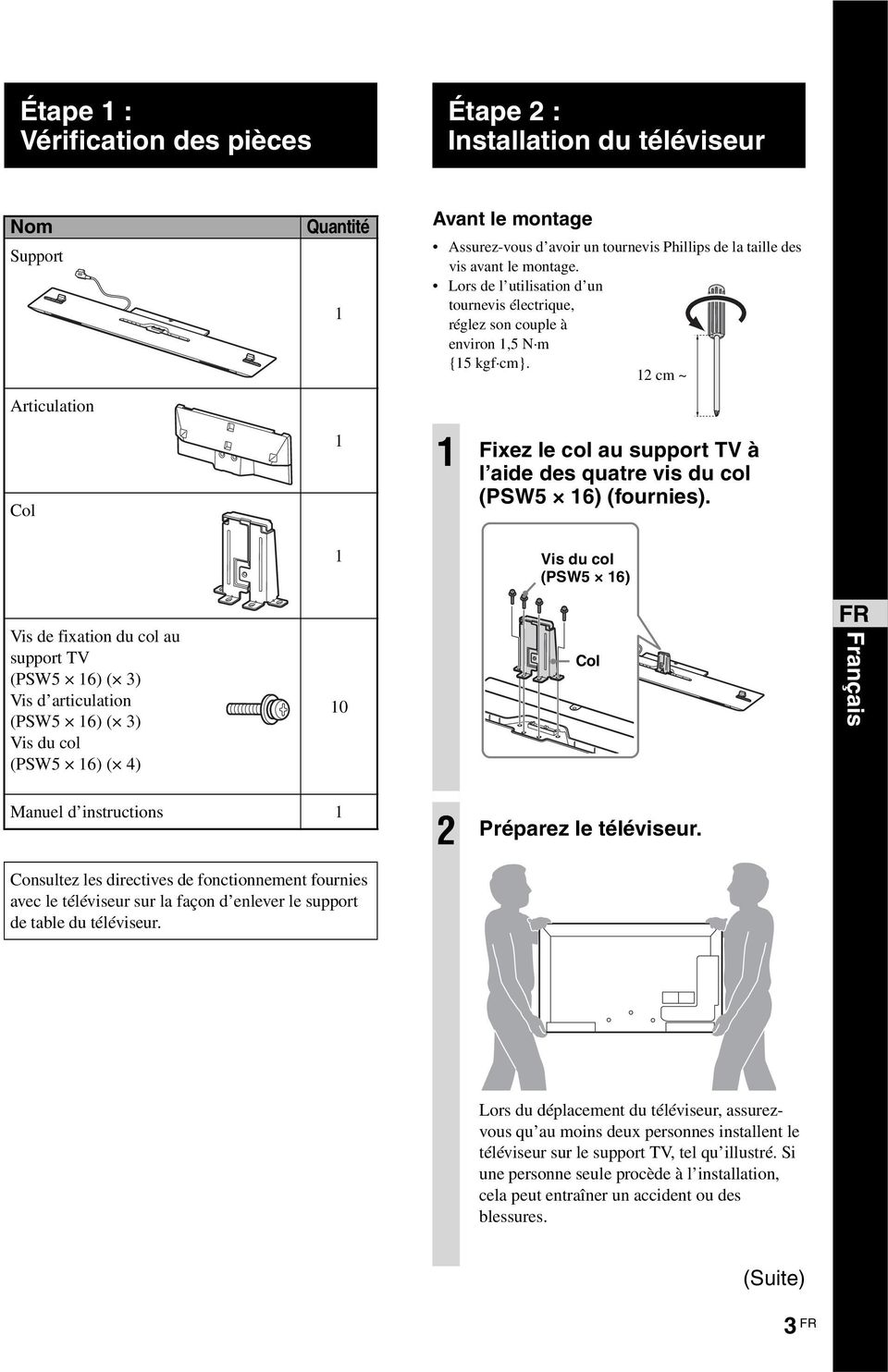 12 cm ~ Articulation Col 1 1 Fixez le col au support TV à l aide des quatre vis du col (PSW5 16) (fournies).