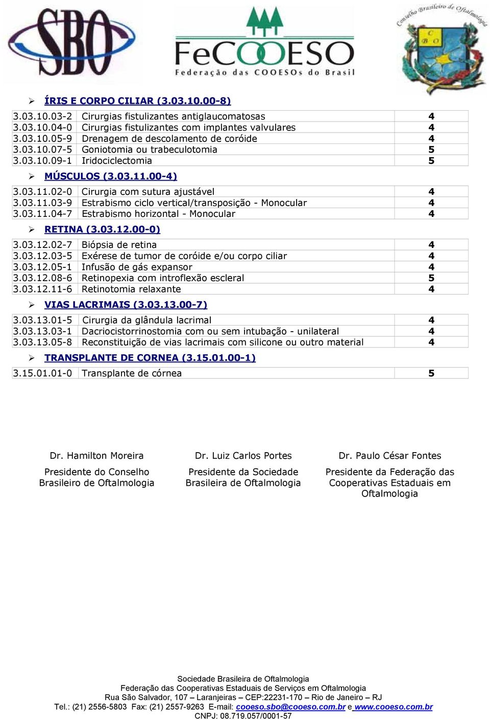 03.11.04-7 Estrabismo horizontal - Monocular 4 RETINA (3.03.12.00-0) 3.03.12.02-7 Biópsia de retina 4 3.03.12.03-5 Exérese de tumor de coróide e/ou corpo ciliar 4 3.03.12.05-1 Infusão de gás expansor 4 3.