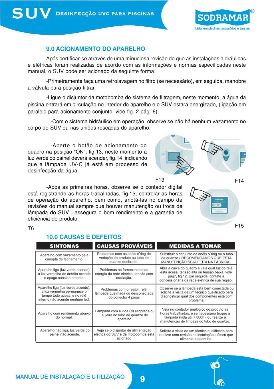 -Ligue o disjuntor da motobomba do sistema de filtragem, neste momento, a água da piscina entrará em circulação no interior do aparelho e o SUV estará energizado, (ligação em paralelo para