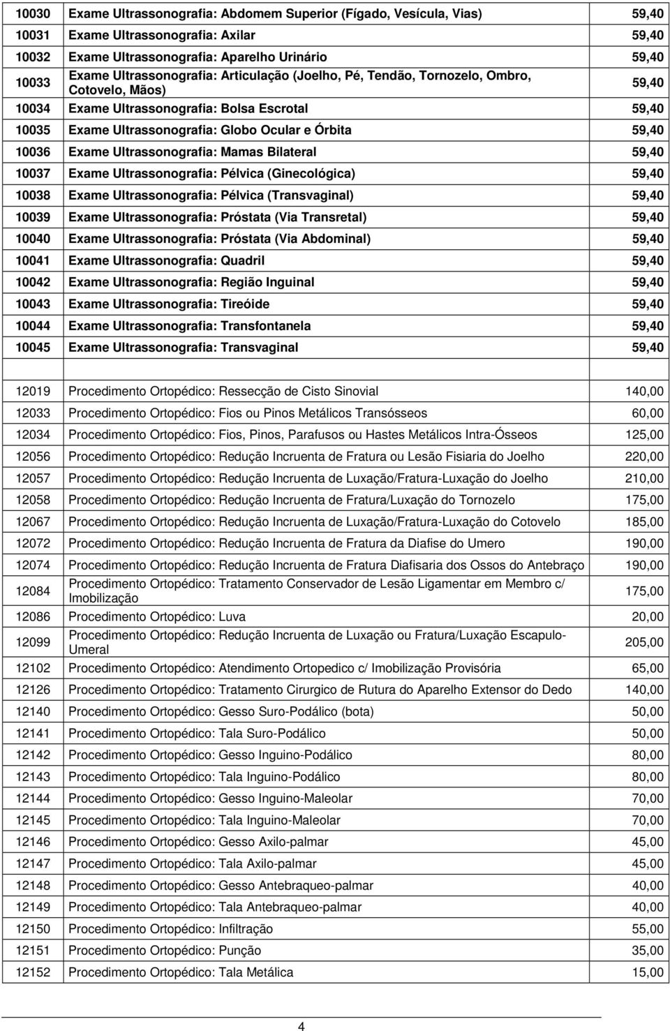 10036 Exame Ultrassonografia: Mamas Bilateral 59,40 10037 Exame Ultrassonografia: Pélvica (Ginecológica) 59,40 10038 Exame Ultrassonografia: Pélvica (Transvaginal) 59,40 10039 Exame Ultrassonografia: