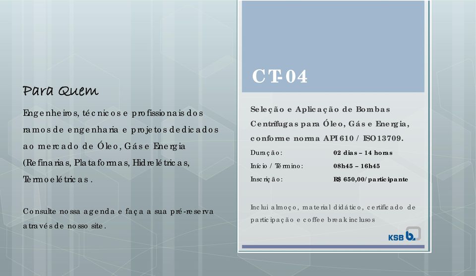 CT-04 Seleção e Aplicação de Bombas Centrífugas para Óleo, Gás e Energia, conforme norma API 610 / ISO13709.