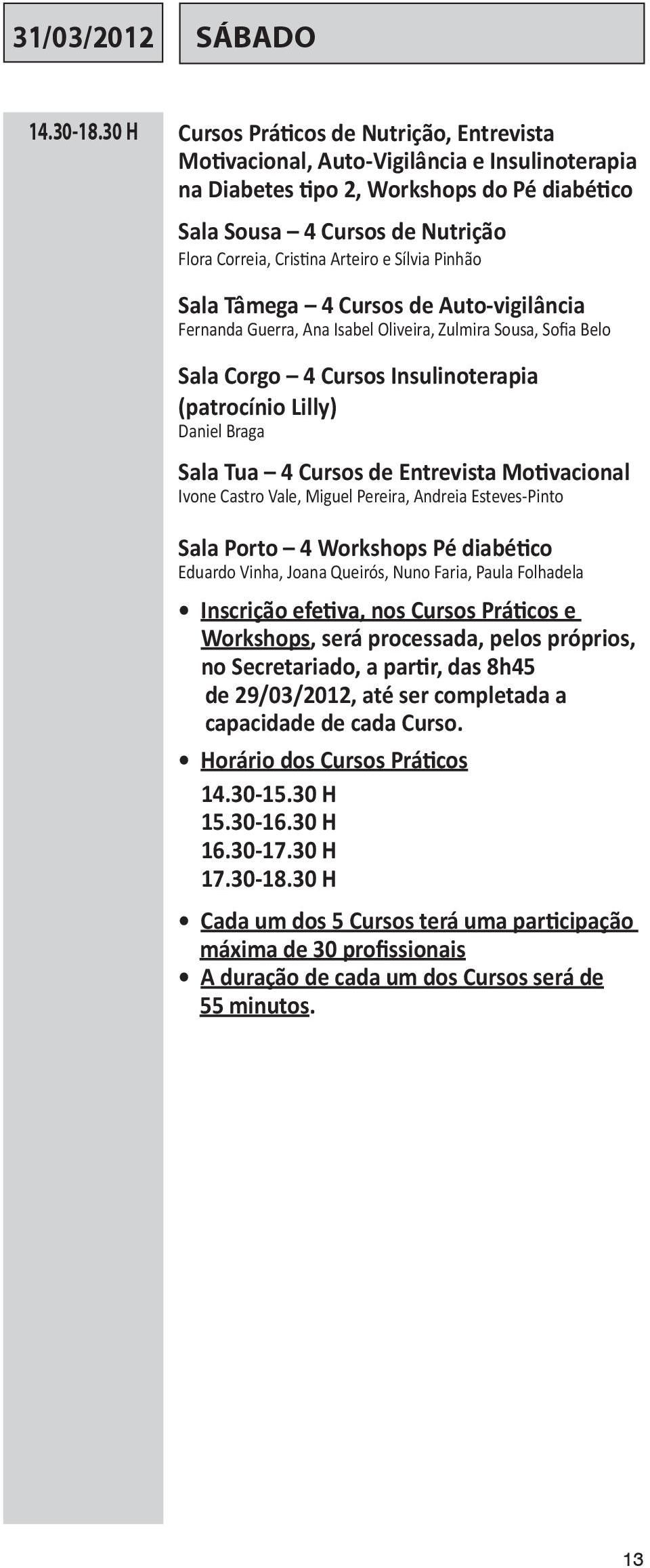 Cristina Arteiro e Sílvia Pinhão Sala Tâmega 4 Cursos de Auto-vigilância Fernanda Guerra, Ana Isabel Oliveira, Zulmira Sousa, Sofia Belo Sala Corgo 4 Cursos Insulinoterapia (patrocínio Lilly) Daniel