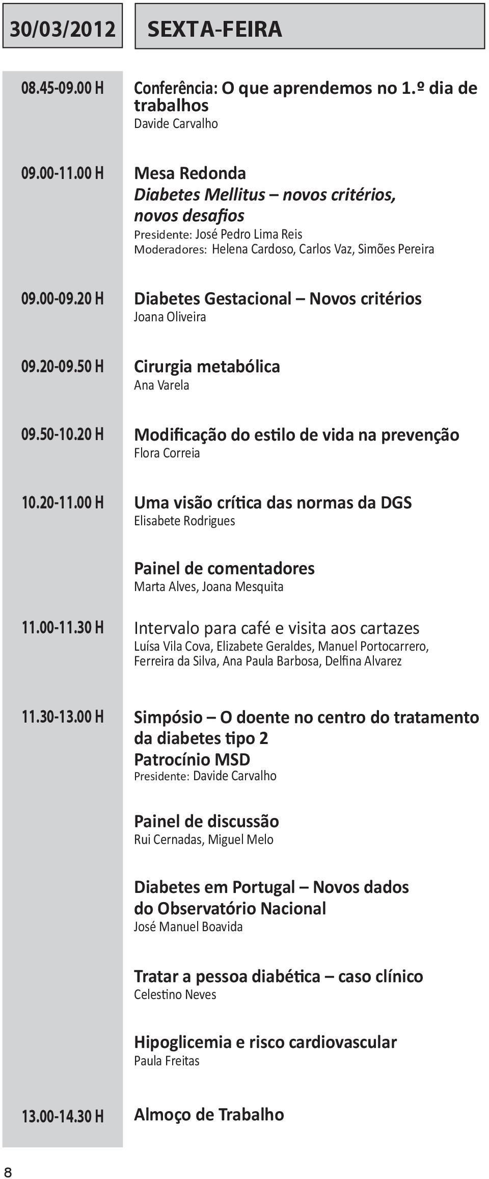 Gestacional Novos critérios Joana Oliveira Cirurgia metabólica Ana Varela Modificação do estilo de vida na prevenção Flora Correia Uma visão crítica das normas da DGS Elisabete Rodrigues Painel de