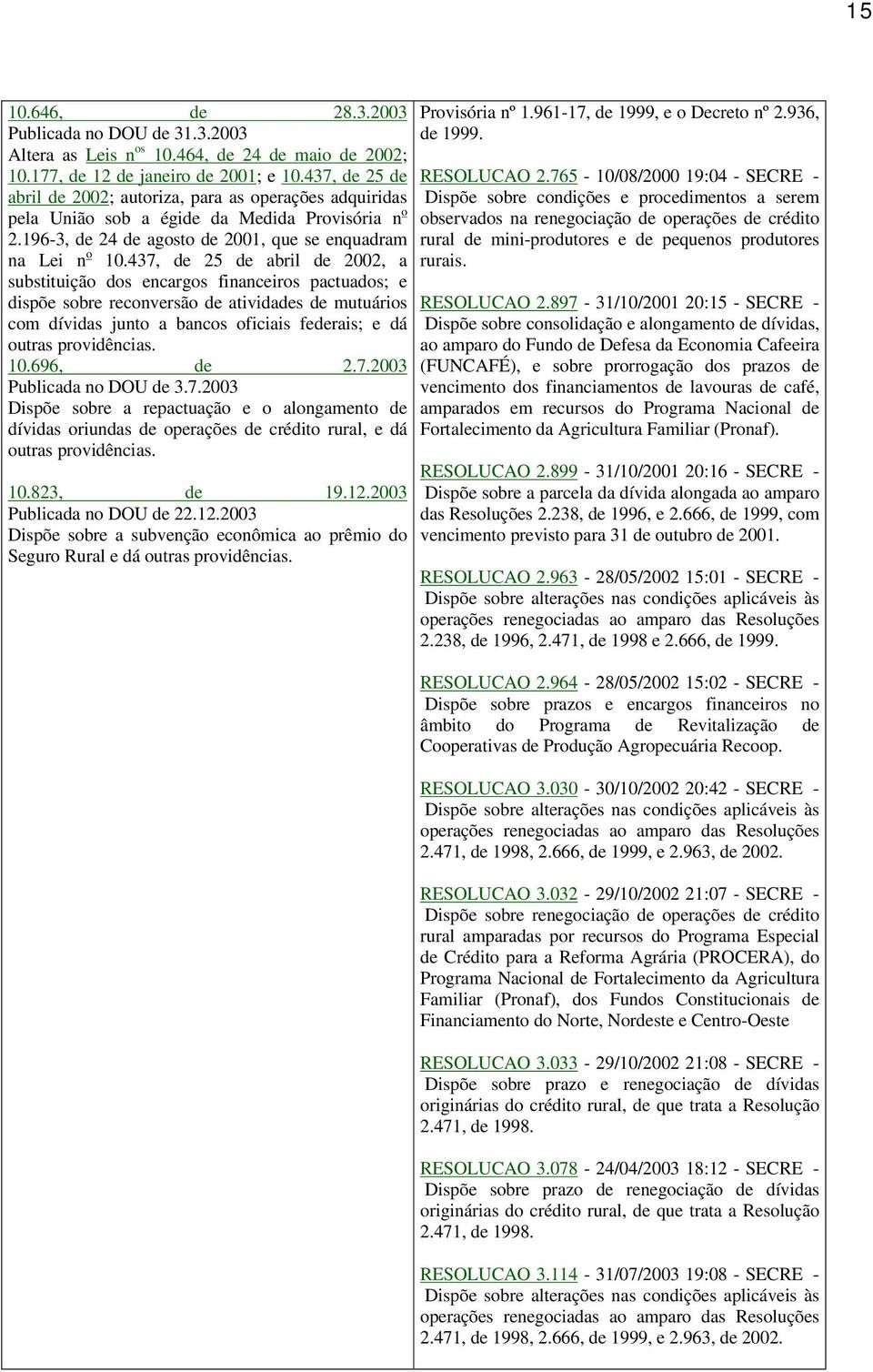 437, de 25 de abril de 2002, a substituição dos encargos financeiros pactuados; e dispõe sobre reconversão de atividades de mutuários com dívidas junto a bancos oficiais federais; e dá outras