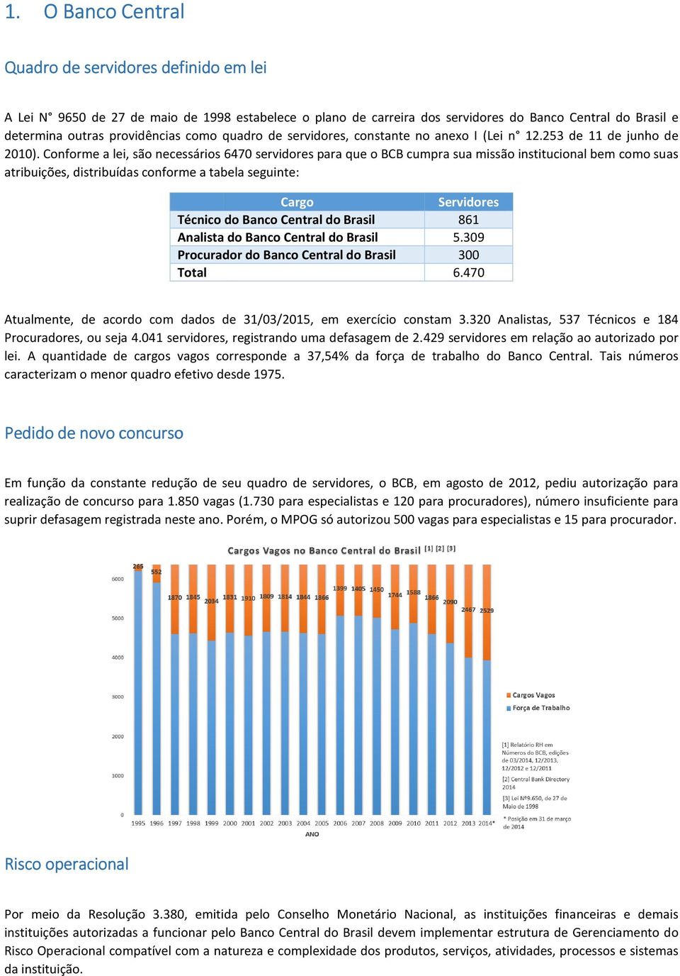 Conforme a lei, são necessários 6470 servidores para que o BCB cumpra sua missão institucional bem como suas atribuições, distribuídas s conforme a tabela seguinte: Cargo Servidores Técnico do Banco