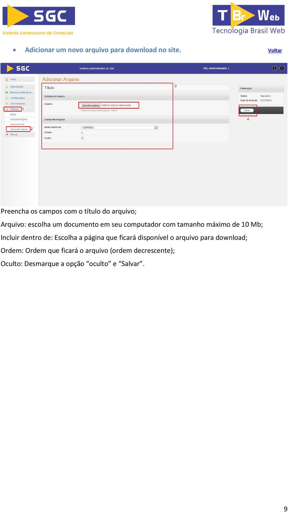 computador com tamanho máximo de 10 Mb; Incluir dentro de: Escolha a página que ficará