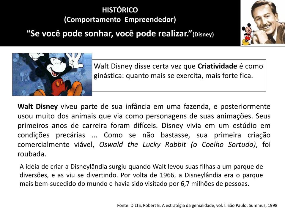 Walt Disney viveu parte de sua infância em uma fazenda, e posteriormente usou muito dos animais que via como personagens de suas animações. Seus primeiros anos de carreira foram difíceis.