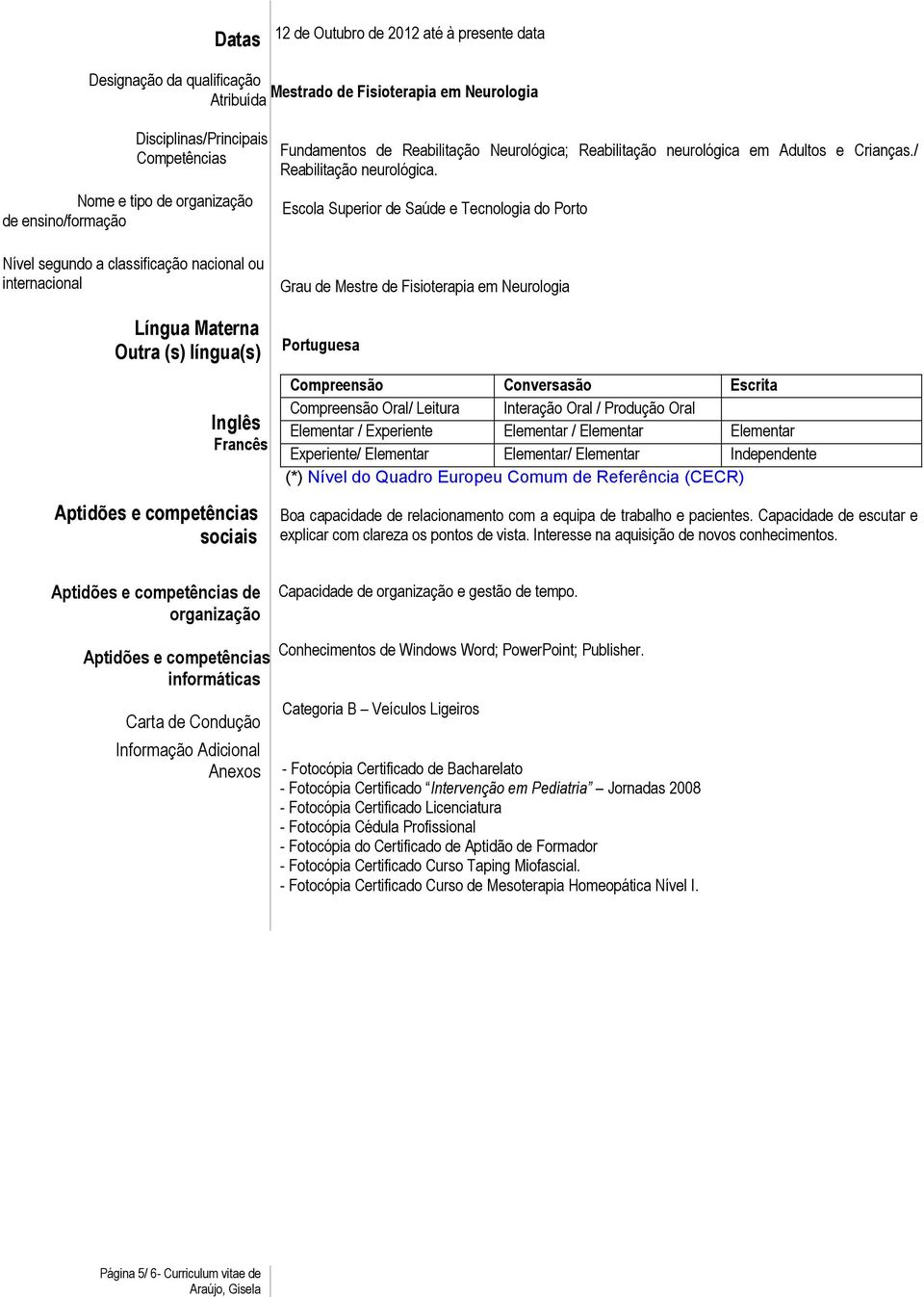 Escola Superior de Saúde e Tecnologia do Porto Grau de Mestre de Fisioterapia em Neurologia Língua Materna Outra (s) língua(s) Inglês Francês Aptidões e competências sociais Portuguesa Compreensão