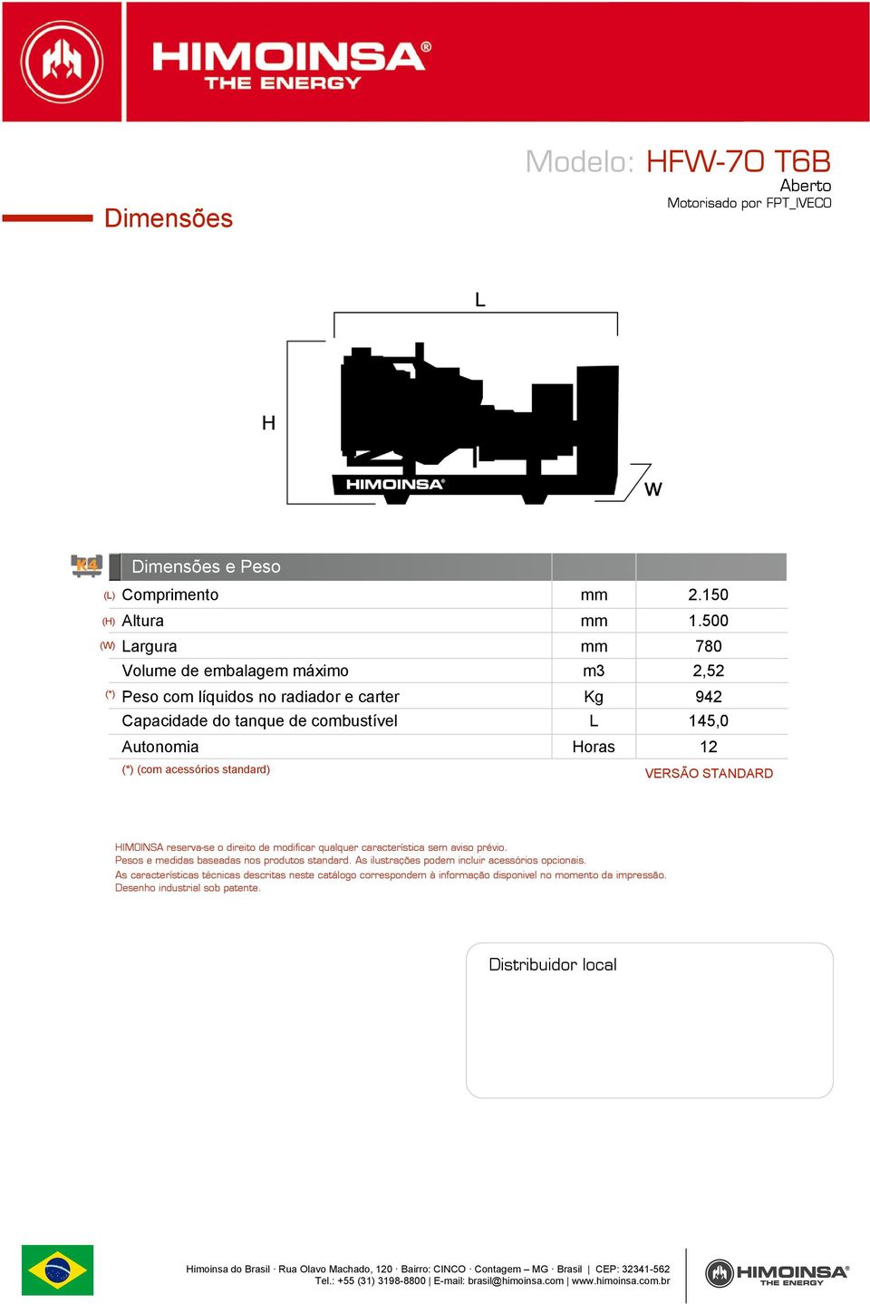 Horas 12 (*) (com acessórios standard) VERSÃO STANDARD HIMOINSA reserva-se o direito de modificar qualquer característica sem aviso prévio.