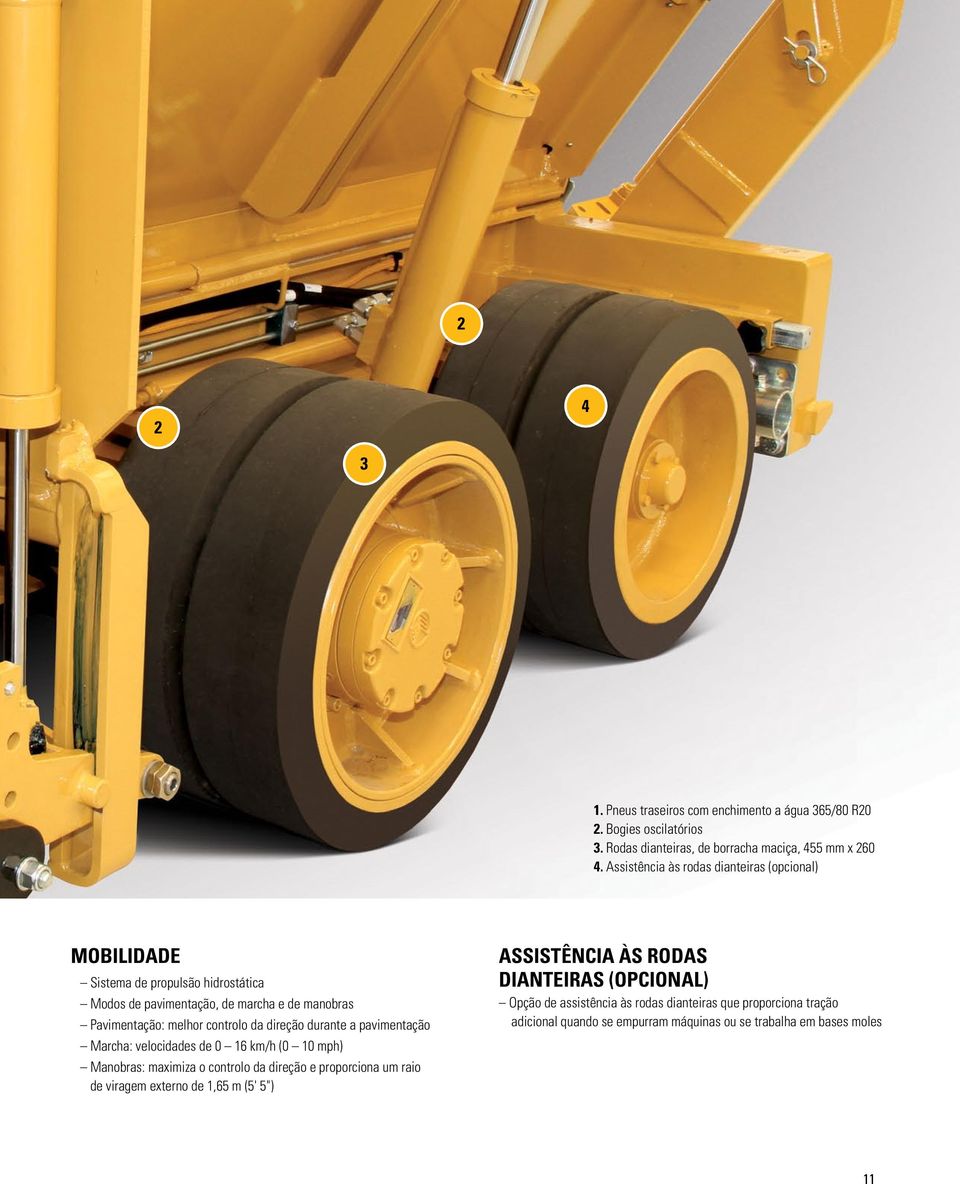 da direção durante a pavimentação Marcha: velocidades de 0 16 km/h (0 10 mph) Manobras: maximiza o controlo da direção e proporciona um raio de viragem externo de