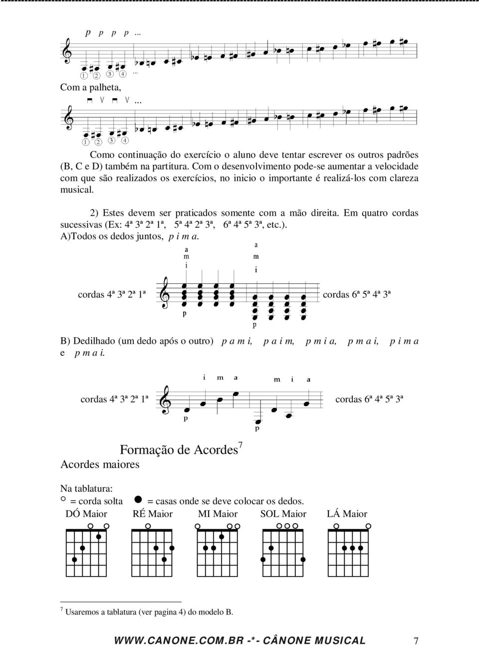 2) Estes devem ser praticados somente com a mão direita. Em quatro cordas sucessivas (Ex: 4ª 3ª 2ª 1ª, 5ª 4ª 2ª 3ª, 6ª 4ª 5ª 3ª, etc.). A)Todos os dedos juntos, p i m a.