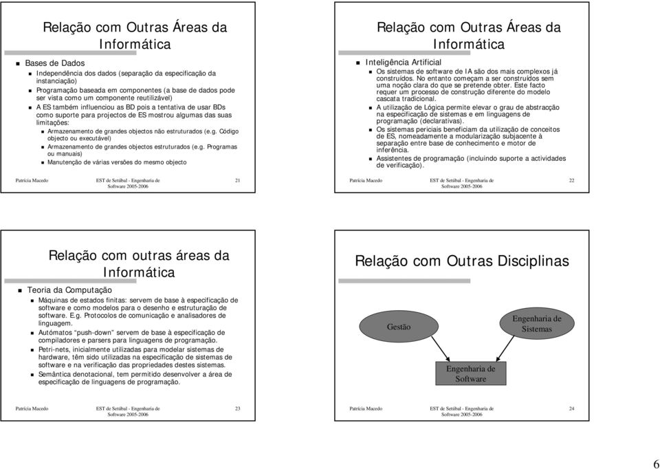 g. Código C objecto ou executável) Armazenamento de grandes objectos estruturados (e.g. Programas ou manuais) Manutenção de várias v versões do mesmo objecto Relação com Outras Áreas da Inteligência Artificial Os sistemas de software de IA são dos mais complexos jáj construídos.