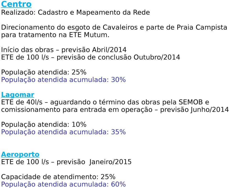 Lagomar ETE de 40l/s aguardando o término das obras pela SEMOB e comissionamento para entrada em operação previsão Junho/2014 População atendida: