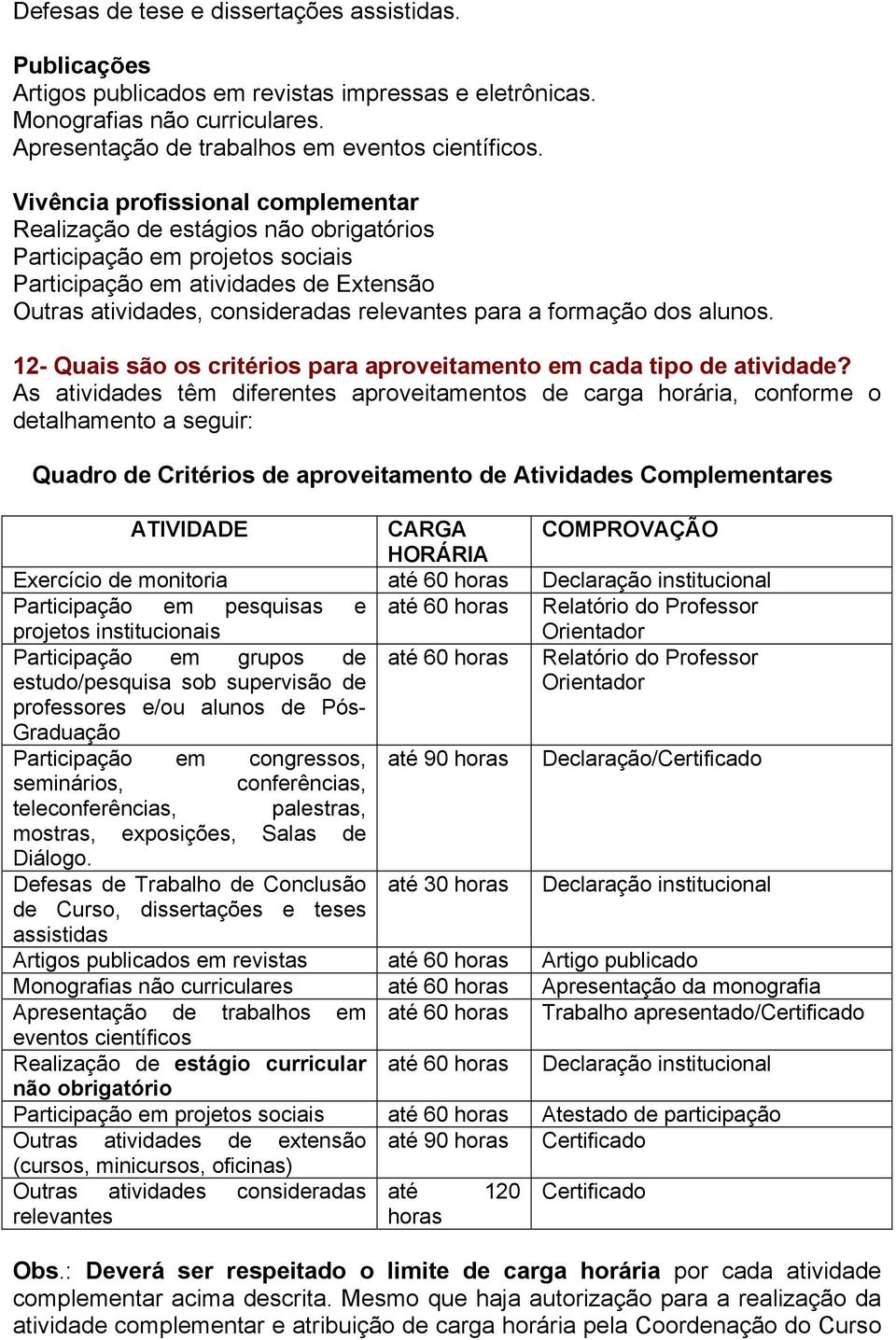 formação dos alunos. 12- Quais são os critérios para aproveitamento em cada tipo de atividade?