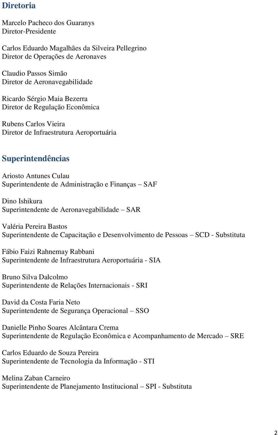 Dino Ishikura Superintendente de Aeronavegabilidade SAR Valéria Pereira Bastos Superintendente de Capacitação e Desenvolvimento de Pessoas SCD - Substituta Fábio Faizi Rahnemay Rabbani