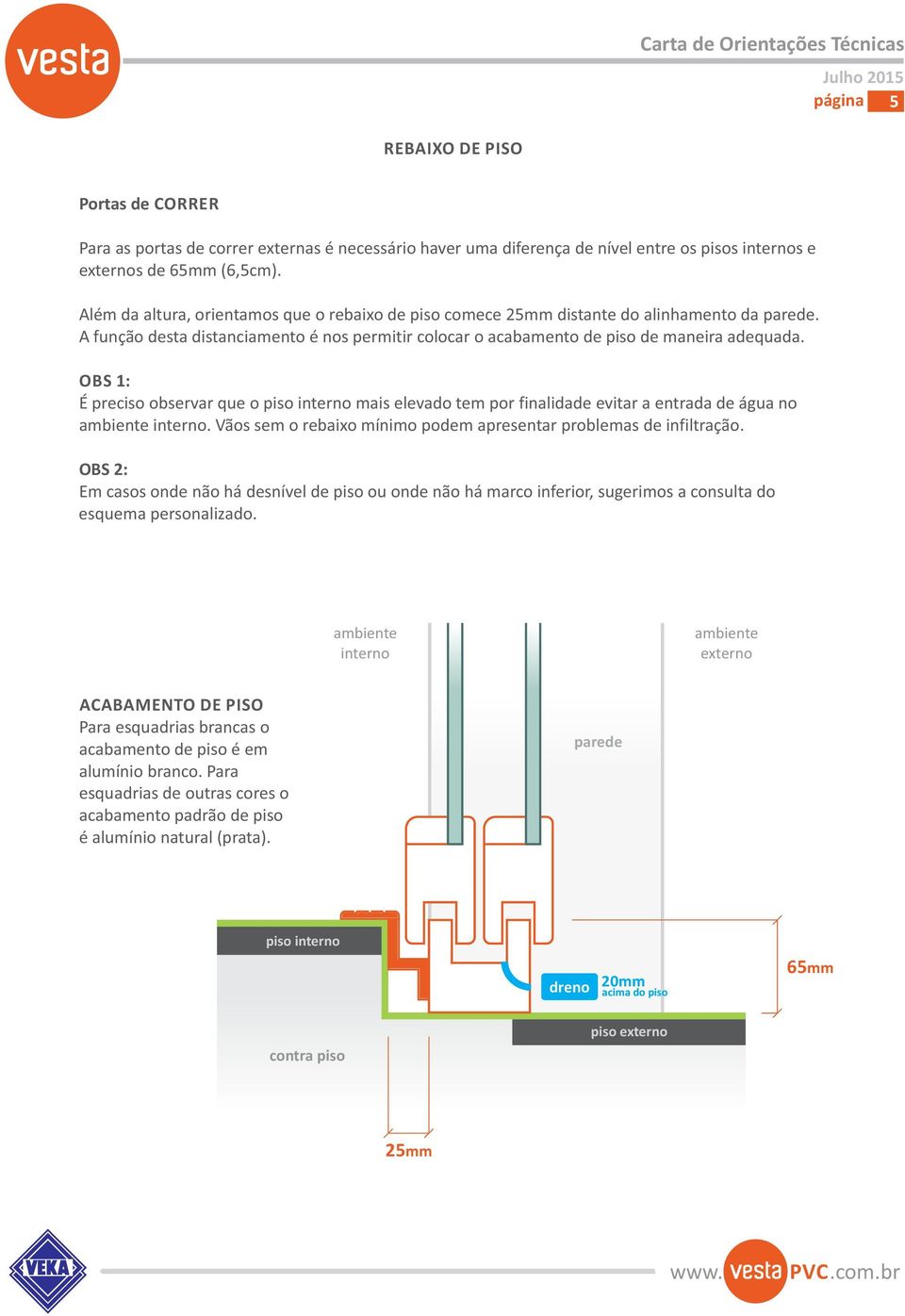 OBS 1: É preciso observar que o piso mais elevado tem por finalidade evitar a entrada de água no. Vãos sem o rebaixo mínimo podem apresentar problemas de infiltração.