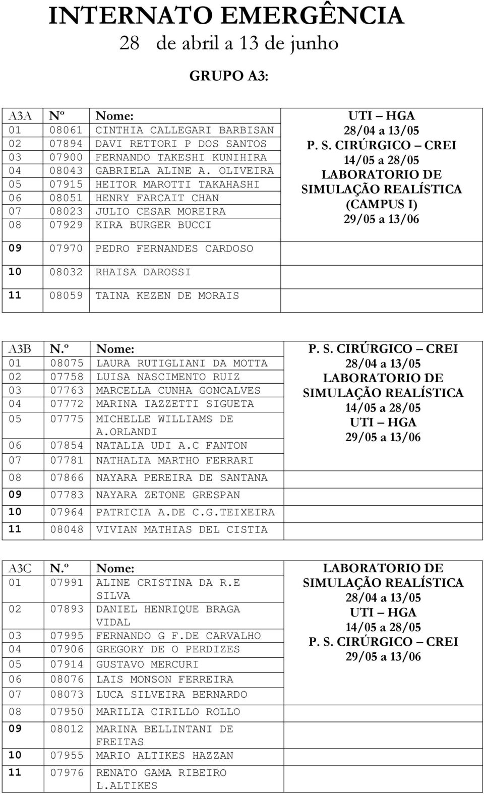 ORLANDI 29/05 a 13/06 06 07854 NATALIA UDI A.C FANTON 10 07964 PATRICIA A.DE C.G.TEIXEIRA N.º Nome: LABORATORIO DE 01 07991 ALINE CRISTINA DA R.