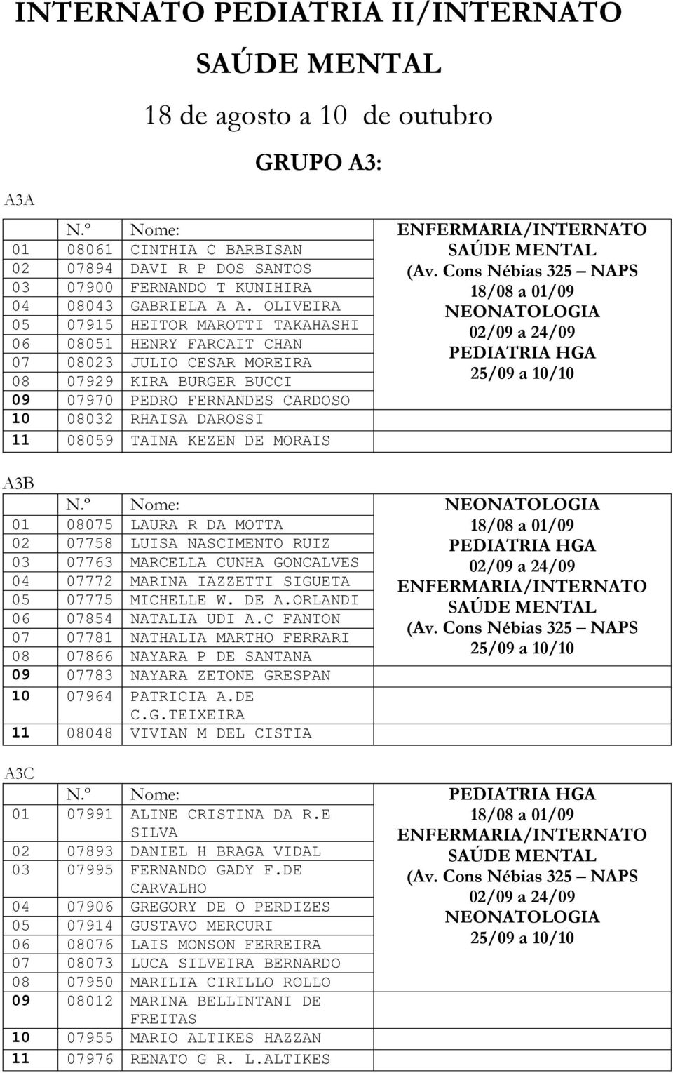 º Nome: NEONATOLOGIA 01 08075 LAURA R DA MOTTA 18/08 a 01/09 PEDIATRIA HGA 02/09 a 24/09 ENFERMARIA/INTERNATO 05 07775 MICHELLE W. DE A.ORLANDI 06 07854 NATALIA UDI A.C FANTON (Av.