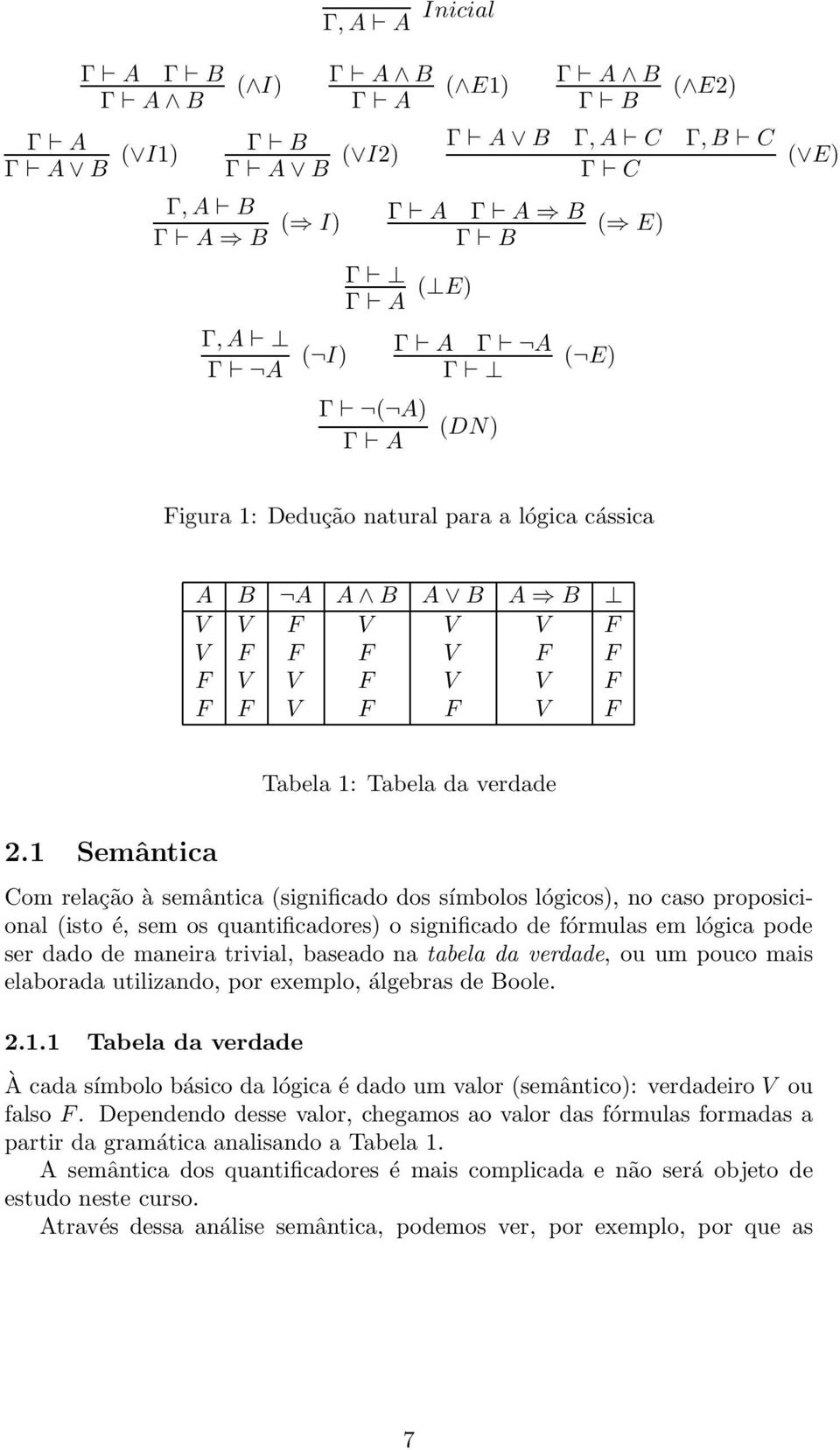 1 Semântica Com relação à semântica (significado dos símbolos lógicos), no caso proposicional (isto é, sem os quantificadores) o significado de fórmulas em lógica pode ser dado de maneira trivial,